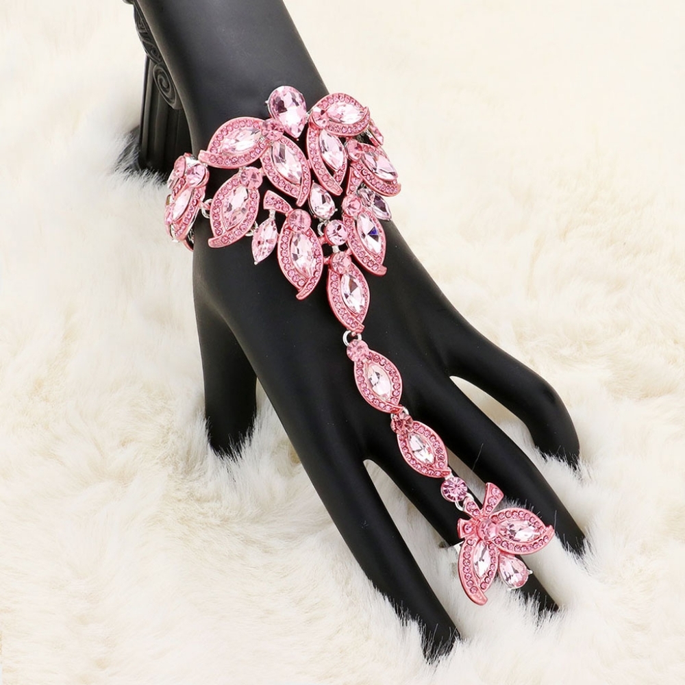Pink Marquise Crystal Evening Hand Chain Bracelet Statement Jewelry Ring